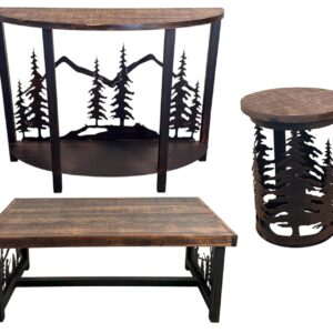 Burnt Sienna Rustic Tree Table Set – Coffee Table, Demi Loon Sofa Table & 2 Cylinder End Tables
