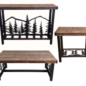 Burnt Sienna Rustic Tree Table Set – Coffee Table, Sofa Table & 2 Rectangle End Tables