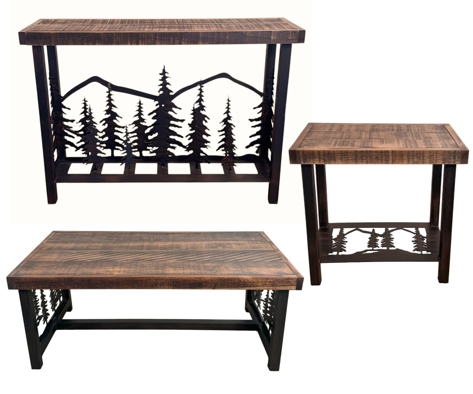 Burnt Sienna Rustic Tree Table Set โ Coffee Table, Sofa Table & 2 Rectangle End Tables