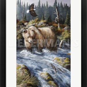 Busy Day at The Fishing Hole - Grizzly Bear and Bald Eagle - 19″ x 27″ Framed Art Print