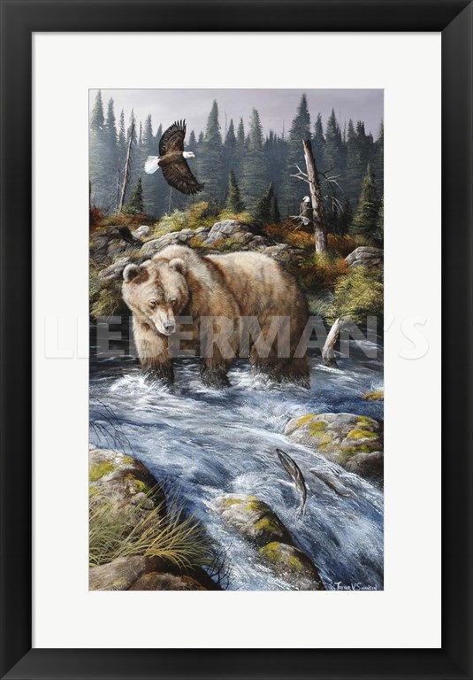 Busy Day at The Fishing Hole - Grizzly Bear and Bald Eagle - 19″ x 27″ Framed Art Print