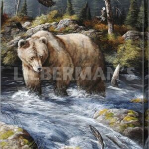 Busy Day at The Fishing Hole - Grizzly Bear and Bald Eagle - 12″ x 20″ Gallery Wrapped Canvas