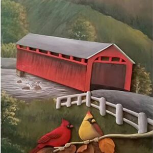 Cardinals and a Covered Bridge Intarsia Wood Wall Art - 18″ x 28″