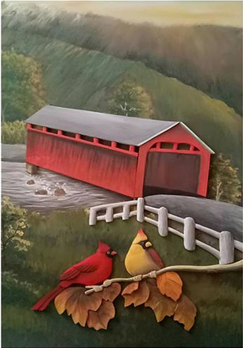 Cardinals and a Covered Bridge Intarsia Wood Wall Art - 18″ x 28″