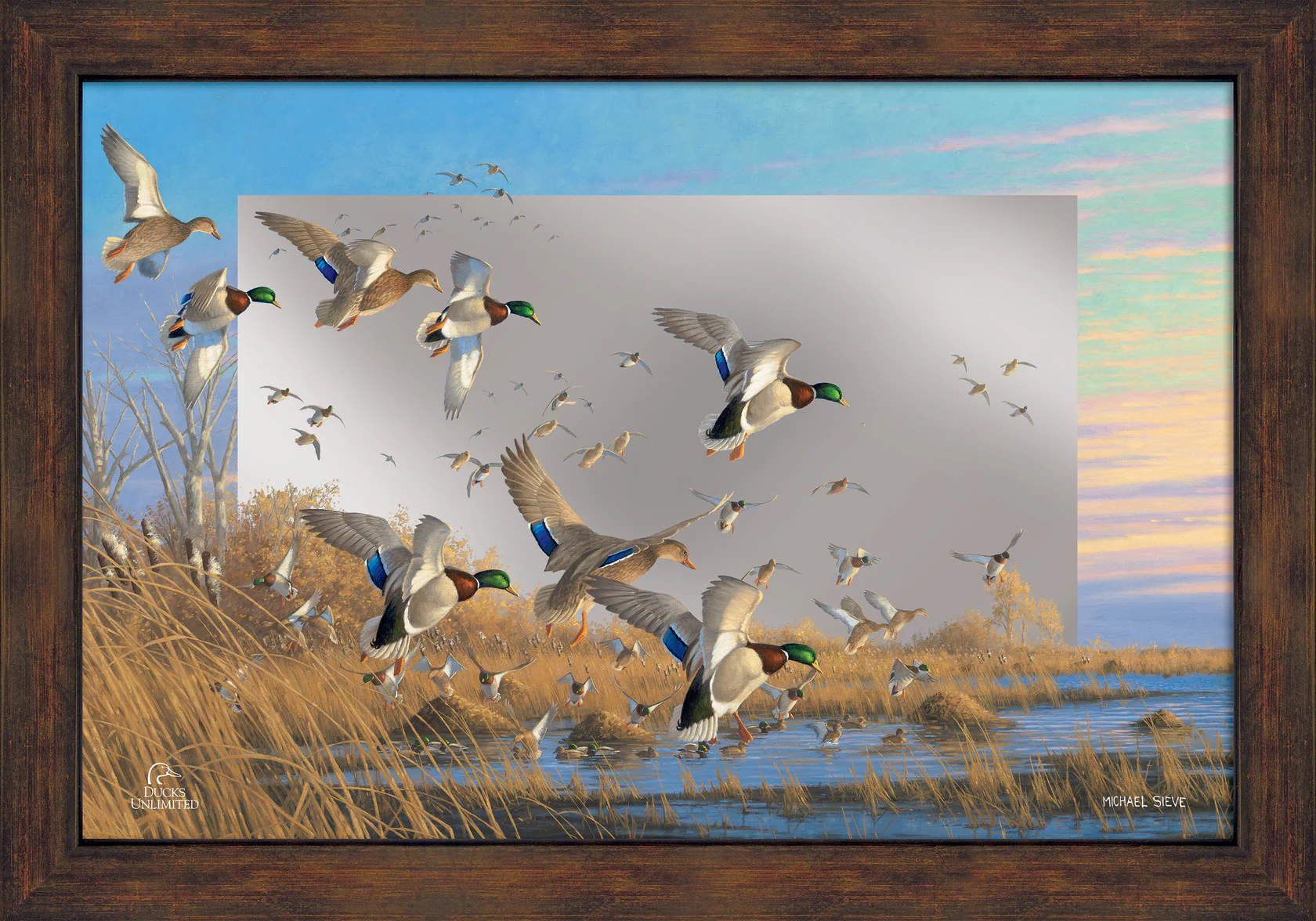 Courtship Flight - Mallard 16" x 24" Mirror Framed Barnwood - Official Ducks Unlimited Art
