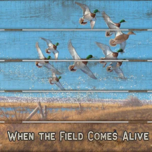 Courtship Flight Mallard "When the Field Comes Alive." 18" x 22" Pallet Wall Art - Official Ducks Unlimited Art