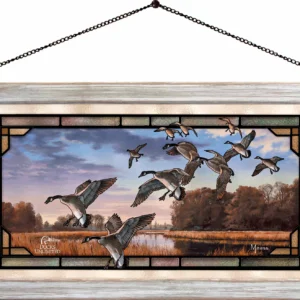 Daybreak Descent Canada Geese Stained Glass Art 13″ x 23″ – Ducks Unlimited