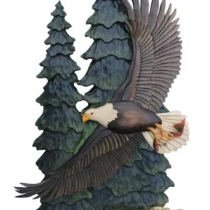 Flying Eagle in The Pines Intarsia Wood Wall Art - 16" x 34"