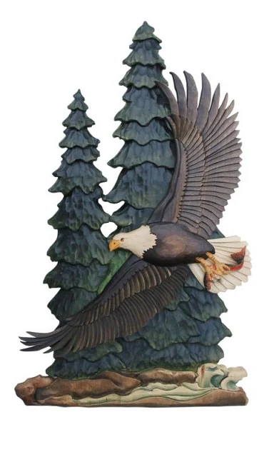 Flying Eagle in The Pines Intarsia Wood Wall Art - 16" x 34"