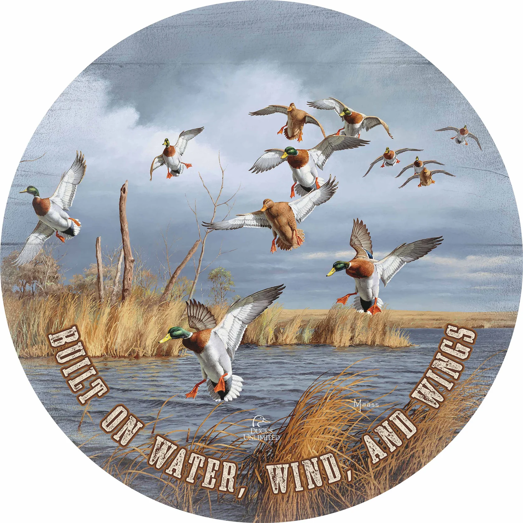 Greenhead Alert Mallards "Built on Water, Wind, and Wings" 21" Round Wood Sign - Official Ducks Unlimited Art