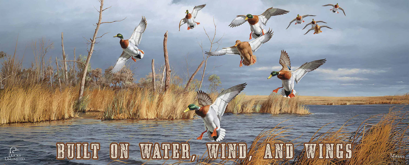 Greenhead Alert Mallards "Built on Water, Wind, and Wings" 12" x 30" Wood Sign - Official Ducks Unlimited Art