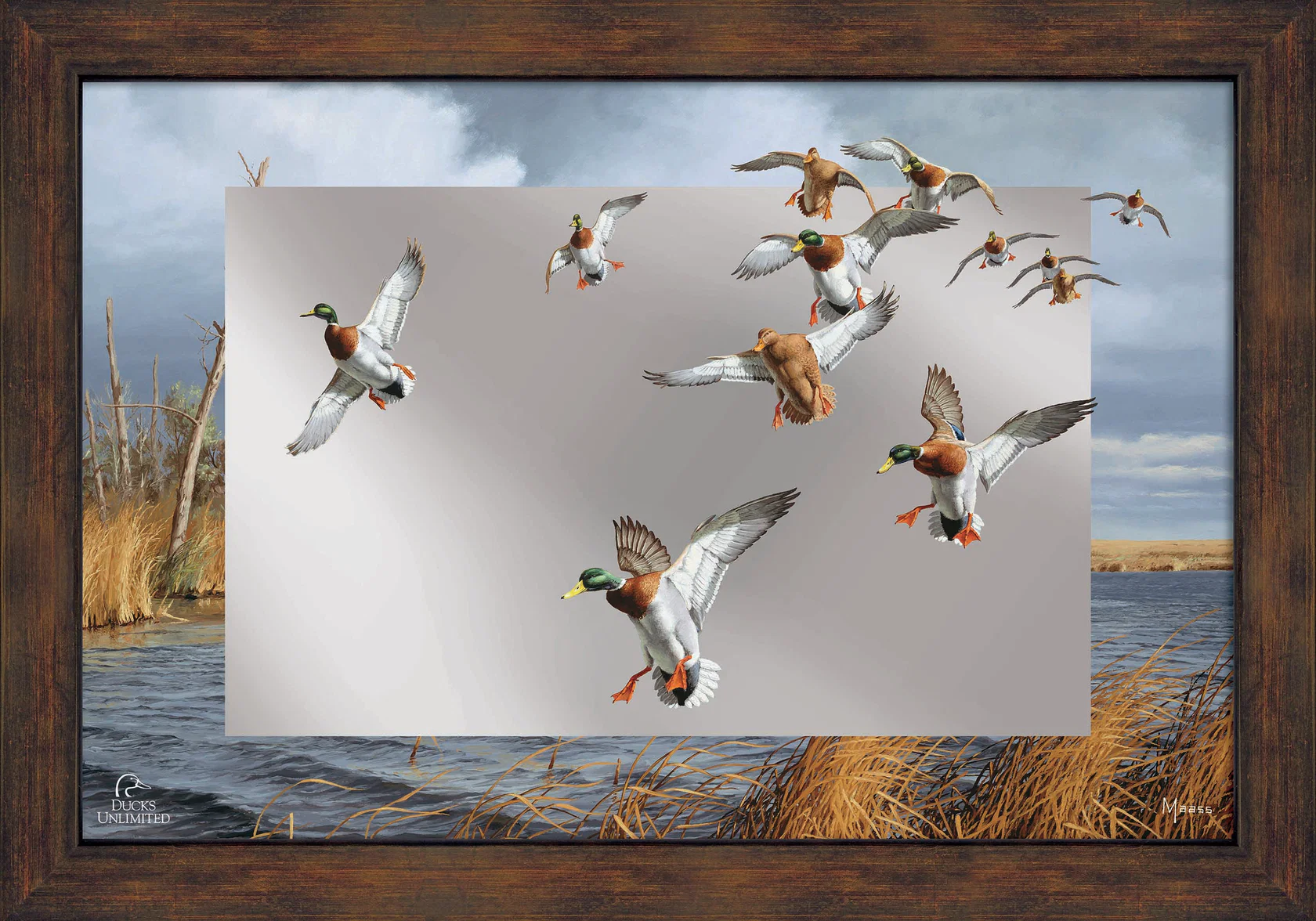 Greenhead Alert - Mallards 16" x 24" Mirror Framed Barnwood - Official Ducks Unlimited Art