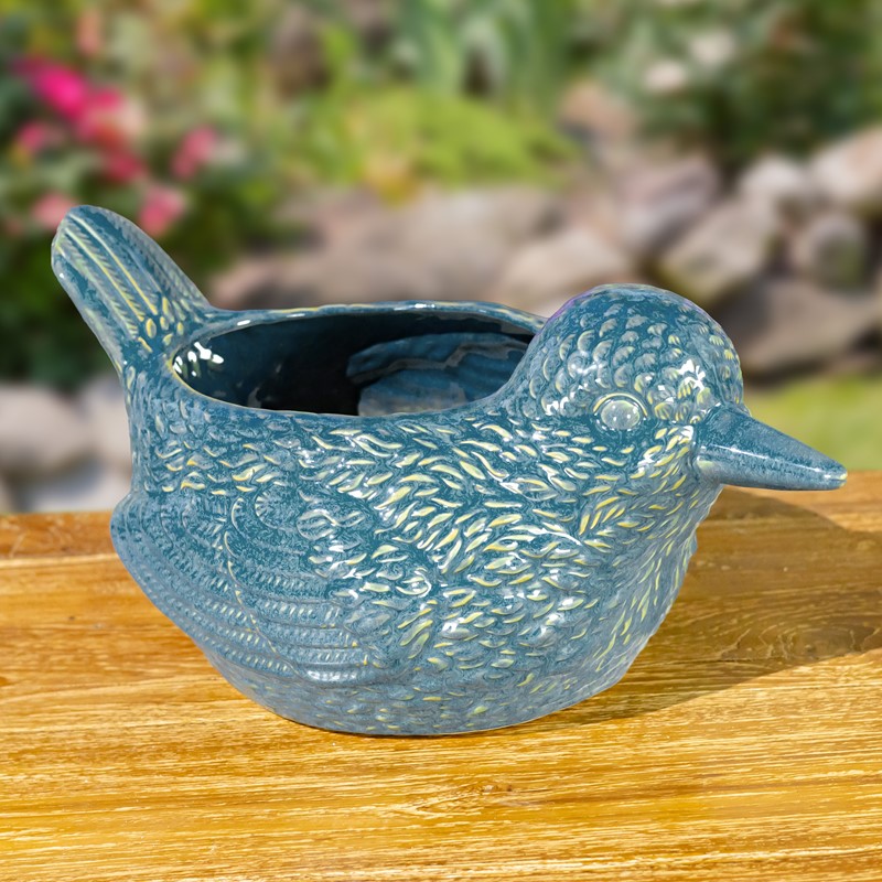 Set of 4 17.5″ Hand Painted Ceramic Bird Planters in Blue