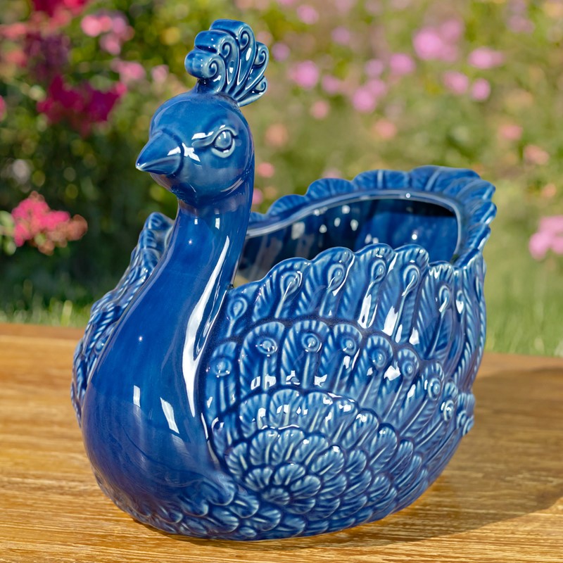 Set of 4 18.5" Hand Painted Ceramic Peacock Planters