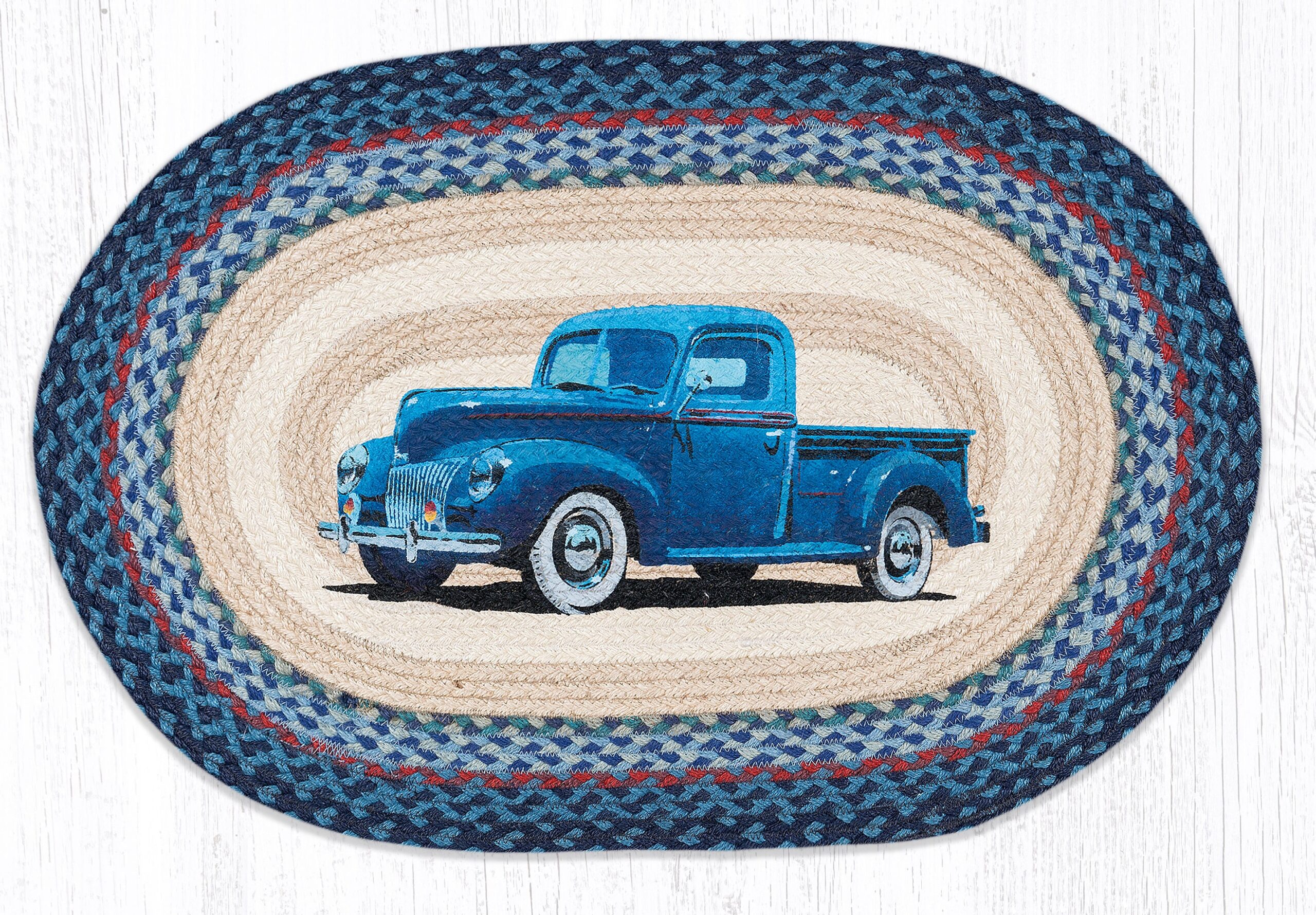 Hand Stenciled Blue Truck Oval Patch Braided Rug 20″x30″