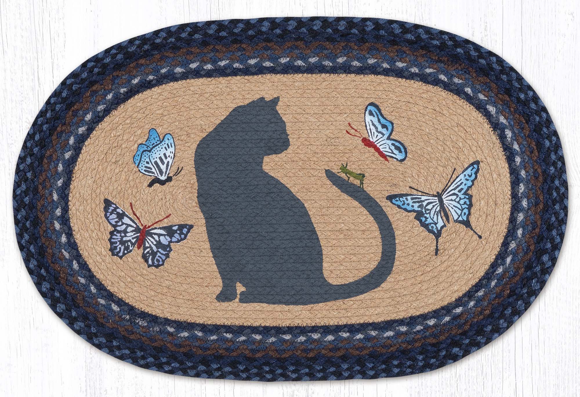 Hand Stenciled Cat and Butterfly Oval Patch Braided Rug 20″x30″