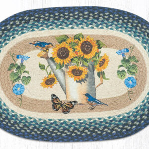 Hand Stenciled Sunflower Watering Can Oval Braided Rug 20″x30″