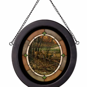 Indian Summer - Whitetail Deer - 9" x 8" Black Oval Stained Glass Art