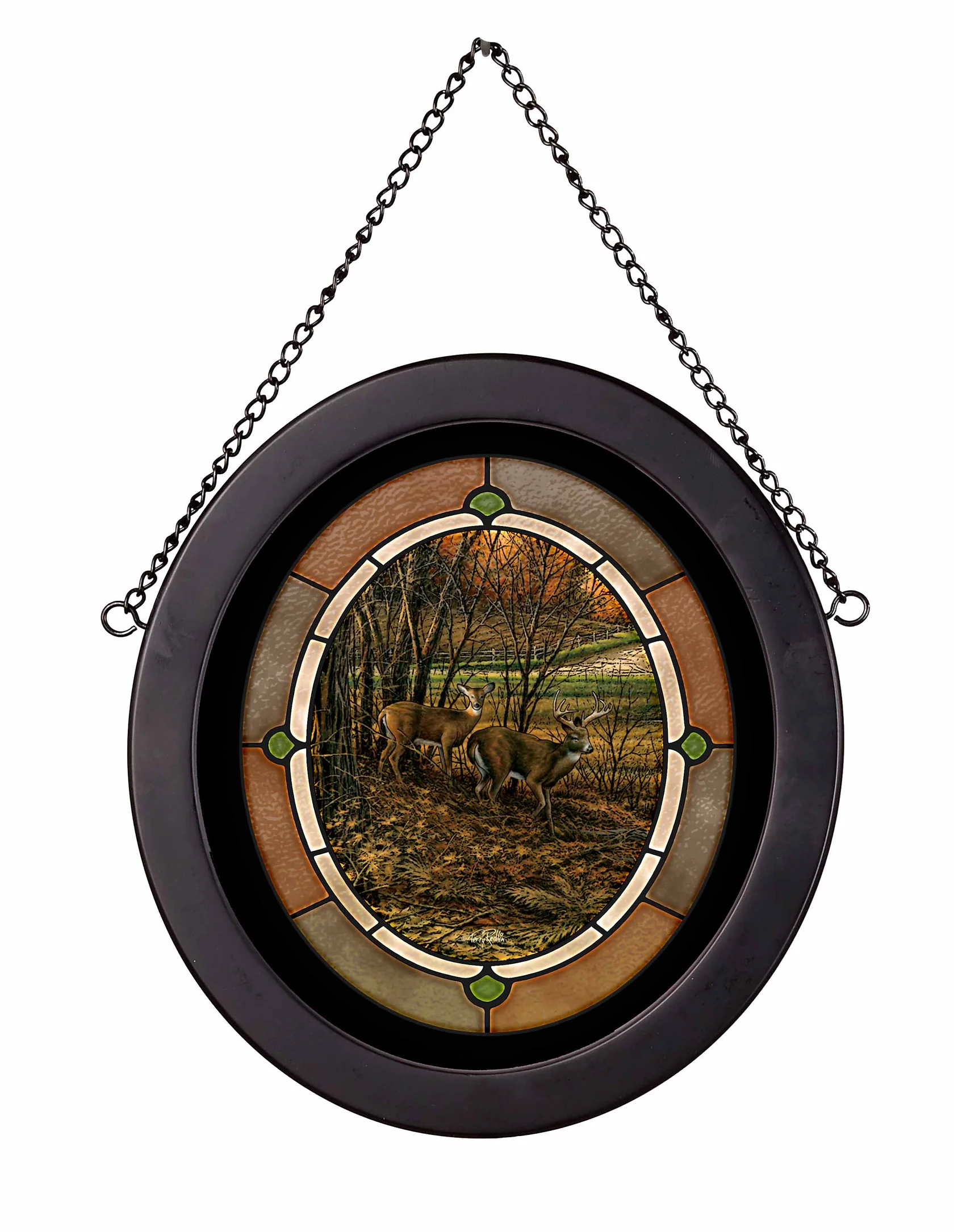 Indian Summer - Whitetail Deer - 9" x 8" Black Oval Stained Glass Art