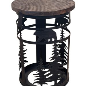 Kodiak Iron Cylinder End Table with Bear & Tree Accent – Rough Sawn Top