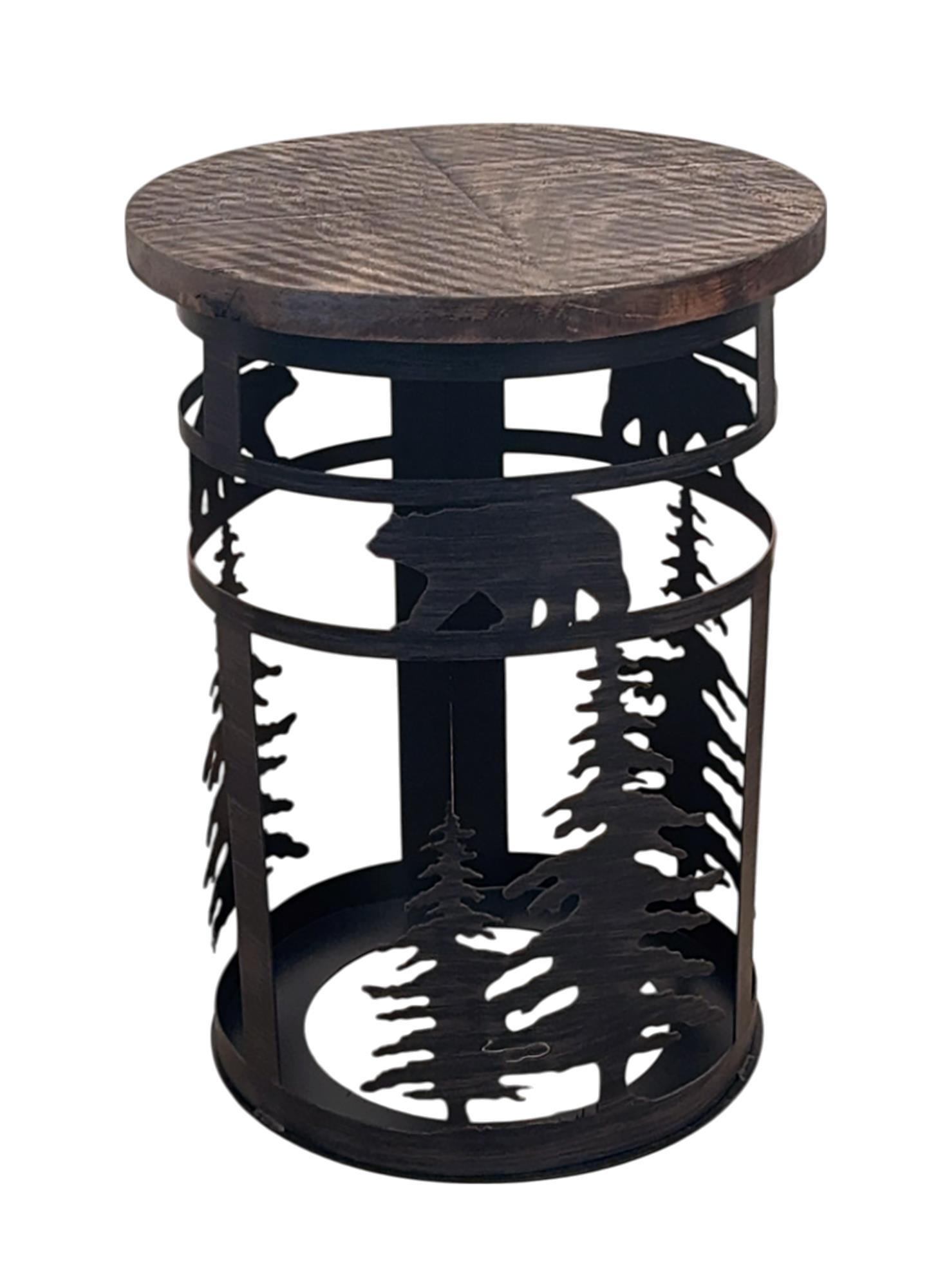 Kodiak Iron Cylinder End Table with Bear & Tree Accent – Rough Sawn Top