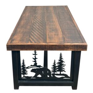 Kodiak Rough Sawn Rectangle Iron Coffee Table with Bear Scene