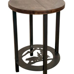 Kodiak Round Iron End Table with Bear Scene & Rough Sawn Wood Top