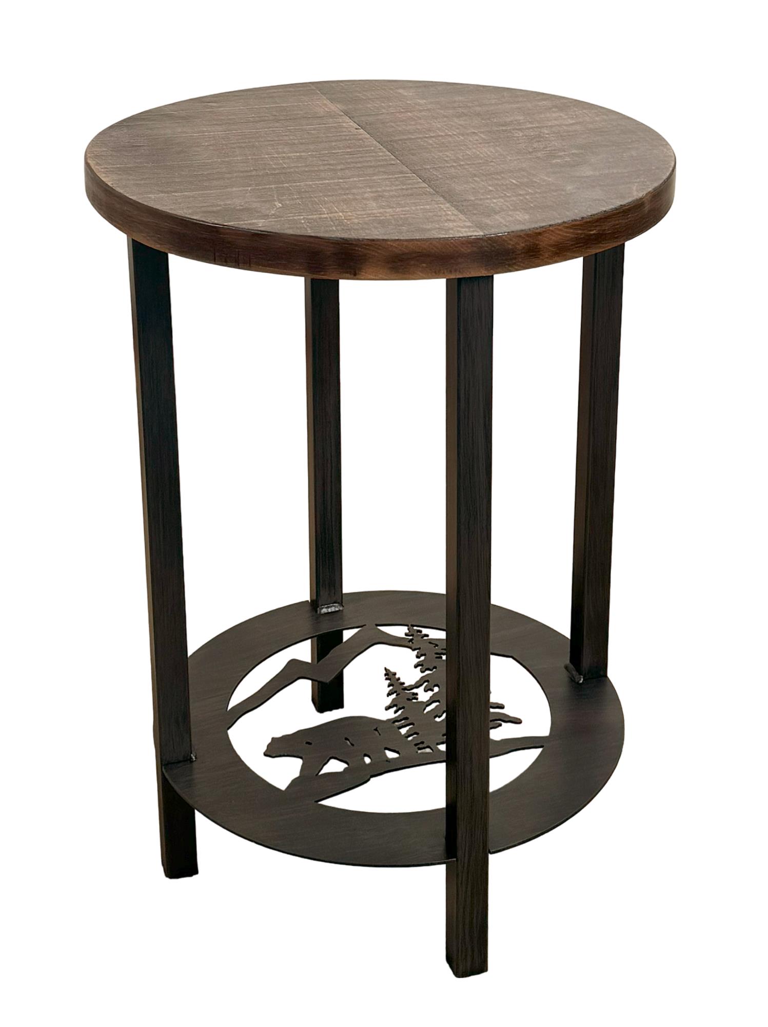 Kodiak Round Iron End Table with Bear Scene & Rough Sawn Wood Top