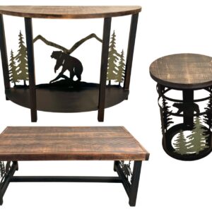 Rugged Pine Bear & Tree Rustic Table Set – Coffee Table, Demi Loon Sofa Table & 2 Cylinder End Tables