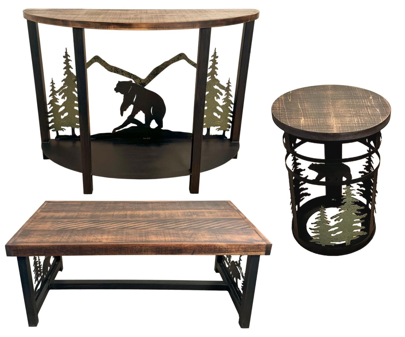 Rugged Pine Bear & Tree Rustic Table Set – Coffee Table, Demi Loon Sofa Table & 2 Cylinder End Tables
