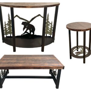 Rugged Pine Rough Stain Tree Furniture Set – Coffee Table, Rounded Sofa Table & 2 Round End Tables