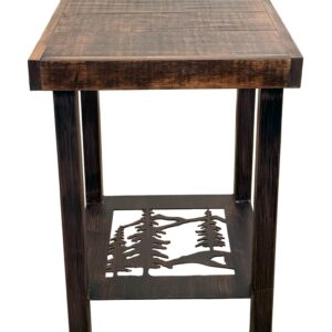 Rugged Pine Rustic Square End Table with Tree Scene Accent & Rough Sawn Top