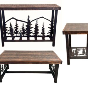 Rugged Pine Rustic Tree Table Set – Coffee Table, Sofa Table & 2 Square End Tables