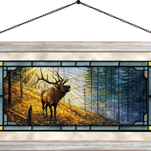Song in the Mist - Bull Elk - 13″ x 23″ Stained Glass Art