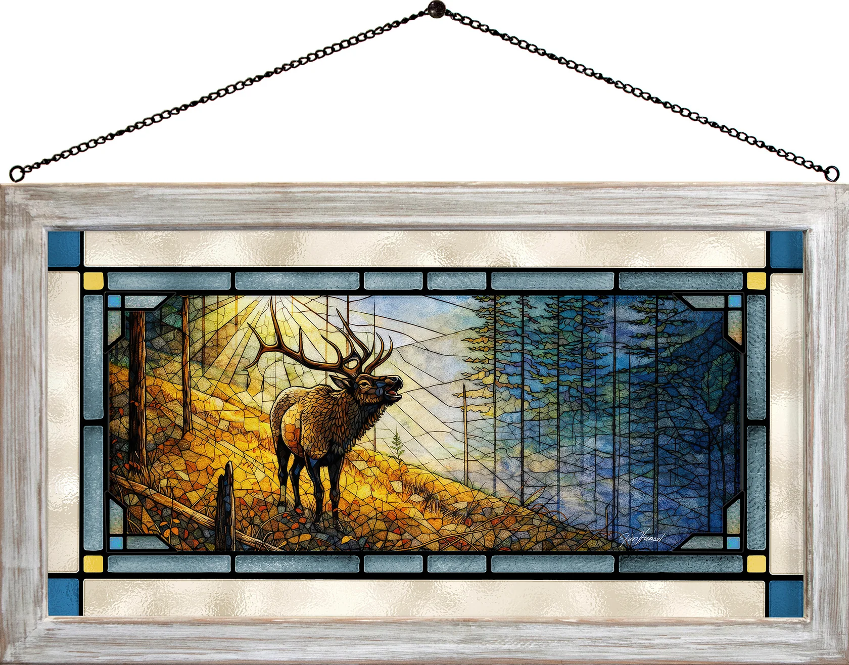 Song in the Mist - Bull Elk - 13″ x 23″ Stained Glass Art