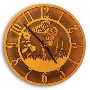 Tableau Butterfly Wall Clock – Wood Face on Rusted Steel Back