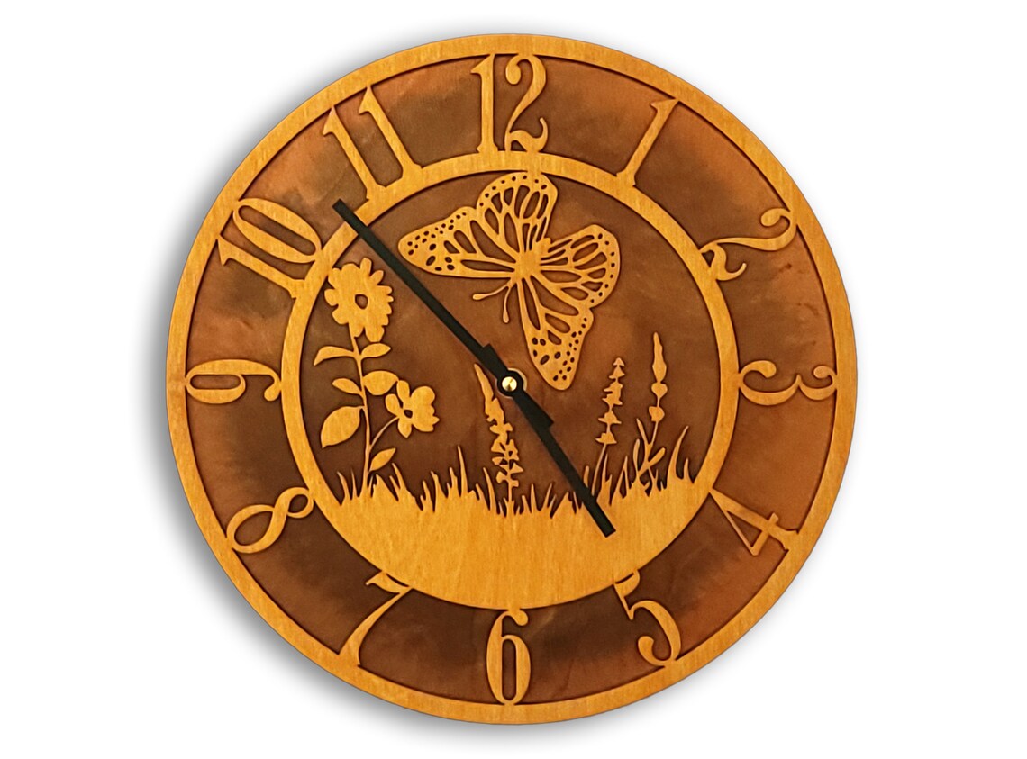 Tableau Butterfly Wall Clock – Wood Face on Rusted Steel Back