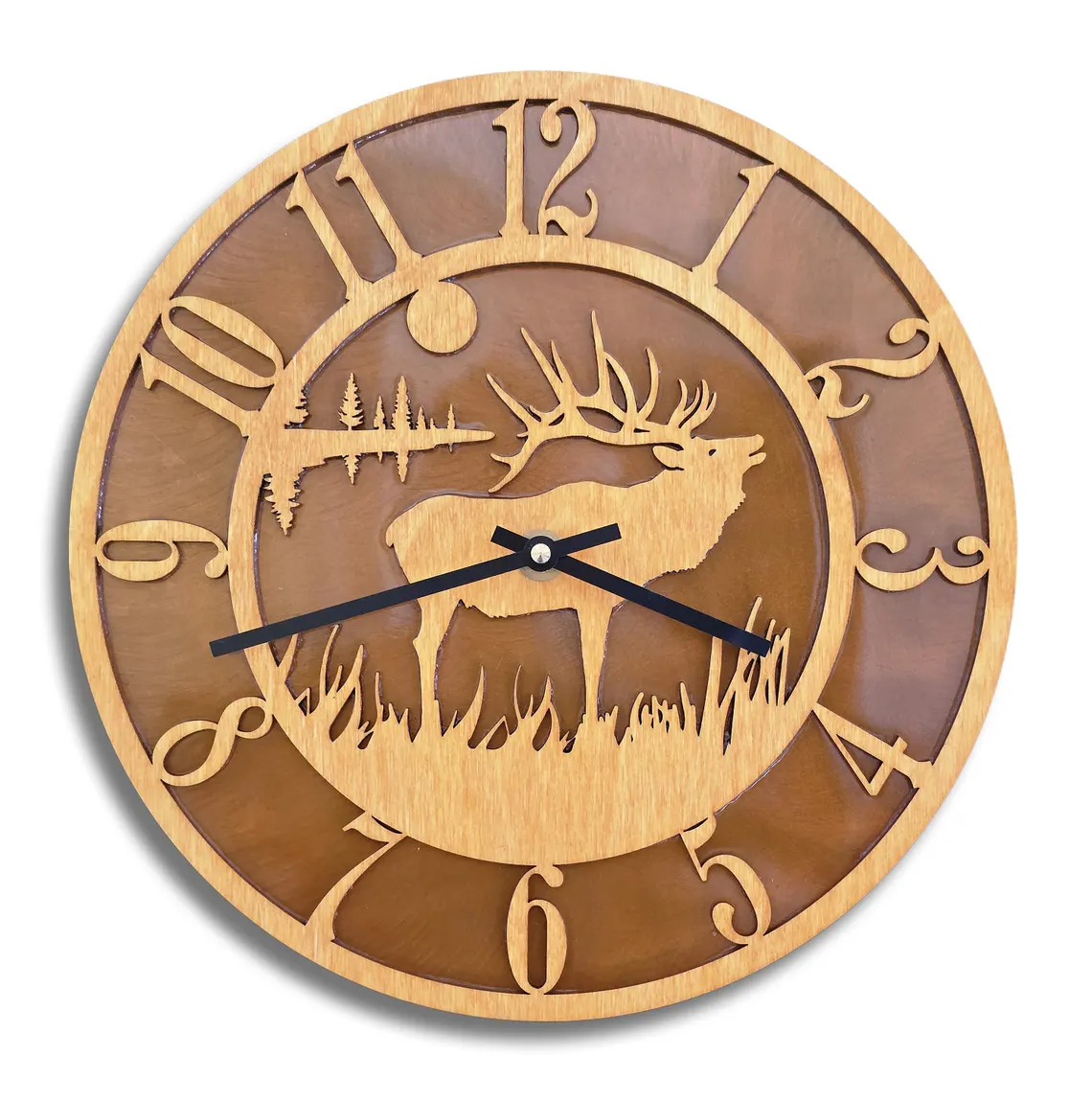 Tableau Elk Clock - Wood Face on Rusted Steel Back