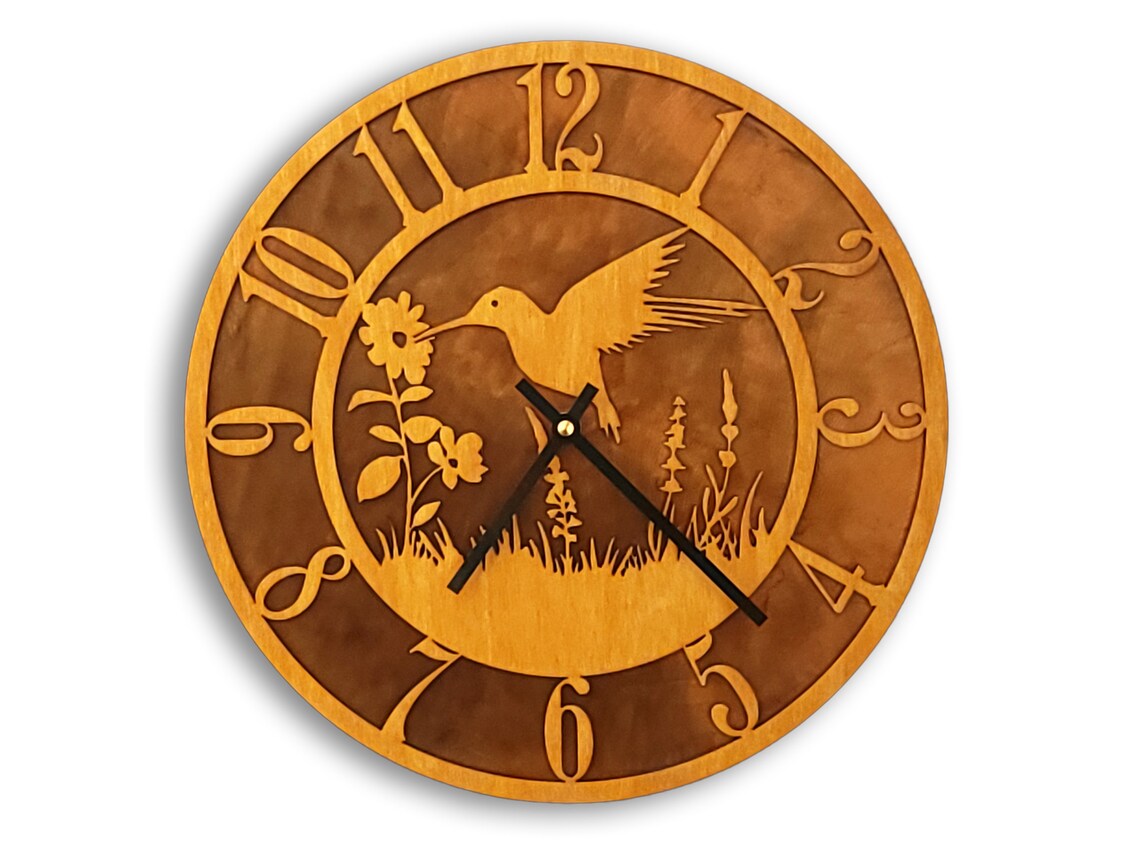 Tableau Hummingbird Wall Clock - Wood Face on Rusted Steel Back