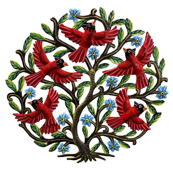 Medium Painted Cardinals Taking Flight - Recycled Steel Drum Wall Art - 23″
