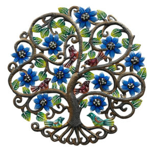 Painted Birds in Bloom Tree - Recycled Steel Drum Wall Art - 17″