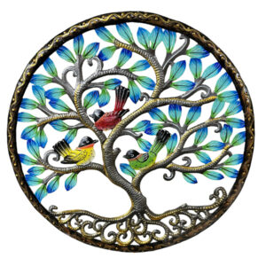 Painted Blue Leaf Songbird Tree - Recycled Steel Drum Wall Art - 17″