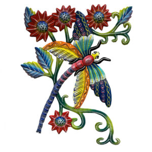 Painted Dragonfly in Blooms - Recycled Steel Drum Wall Art - 12" x 16.5"