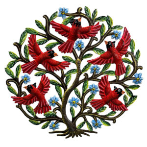 Small Painted Cardinals Taking Flight - Recycled Steel Drum Wall Art - 17″